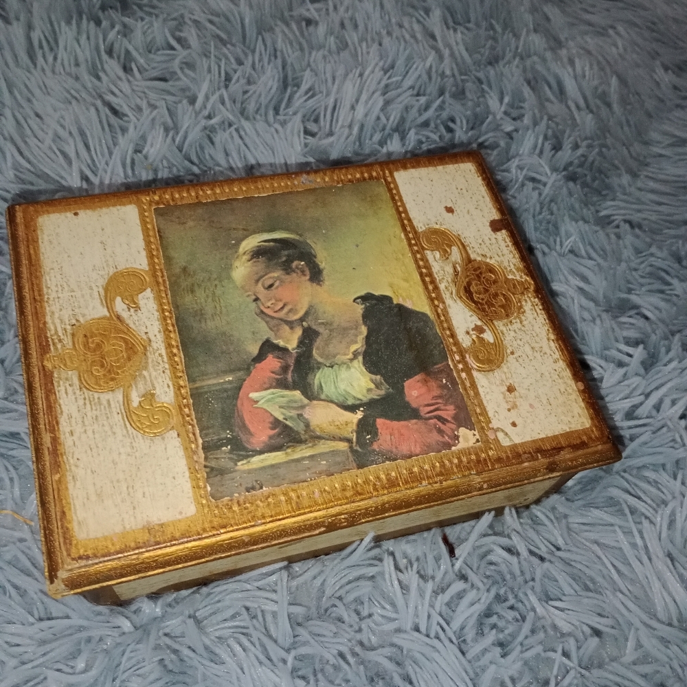 Wooden jewelry box. Vintage Japan made. Red interior